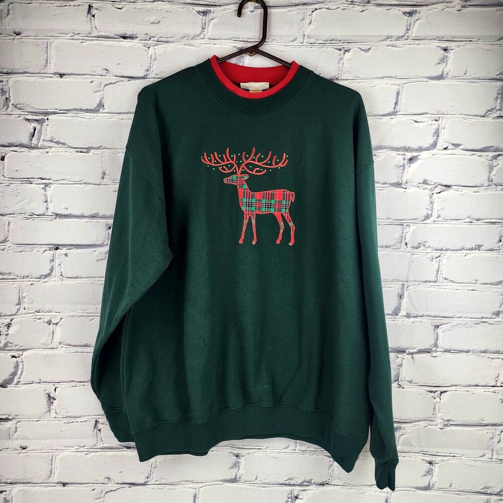 Vintage M & C Sportswear Christmas Deer Sweatshirt Womens XL Embroidered plaid